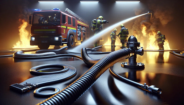 Feuerwehr löscht Brand, THW bereitet technische Ausrüstung vor, Steelmonks-Style mit blauen und weißen Akzenten, warme Atmosphäre.