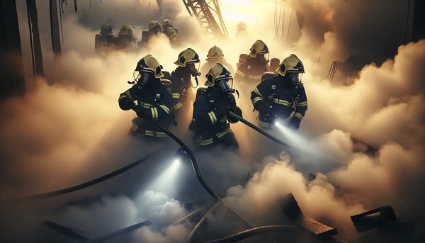 Feuerwehrleute in Produktionsuniformen, mutig durch dichten Rauch bei Rettungsaktion in warmem, ruhigem Licht, Steelmonks-Farbschema.