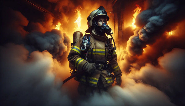Feuerwehrmann in schwerer Ausrüstung kämpft entschlossen durch Rauch und Flammen, stimmungsvolles, realistisches Bild im Steelmonks Look.