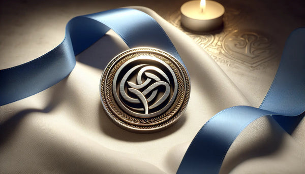 Eleganter Zunftanstecker aus Edelstahl auf Ghost White Stoff mit persischem Blau Akzenten, symbolisiert Stolz und Verbundenheit im Friseurberuf.
