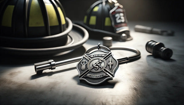 Hochwertiger Edelstahl-Schlüsselanhänger mit Feuerwehrmotiv auf Tisch, Umsäumt von Feuerwehrhelmen in Steelmonks-Farben, warm beleuchtet.