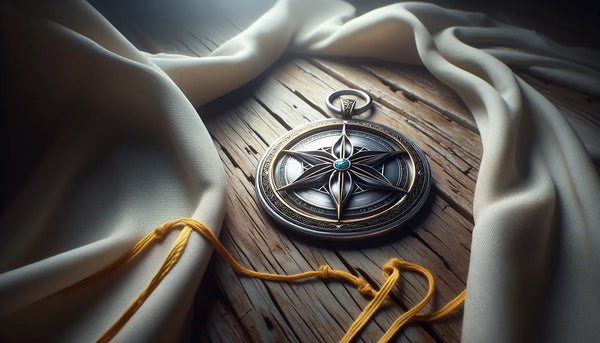 Detailreicher Edelstahl-Zunftanhänger auf rustikaler Holzoberfläche, stimmungsvoll beleuchtet, elegant und hochwertig im Steelmonks Look.