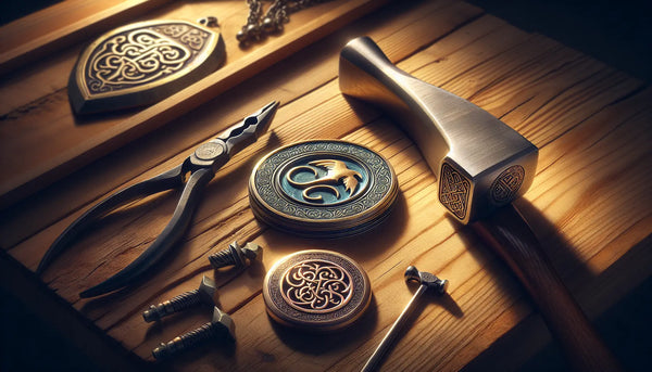 Nahaufnahme eines eingravierten Hammergriffs und Zunftanhängers auf hölzernem Tisch mit traditionellen Zunftschilden im Hintergrund.