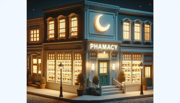 Gemütliche, nachts beleuchtete Apotheke im Kreis Borken mit Mondschein, warm und einladend im Steelmonks-Farbschema.