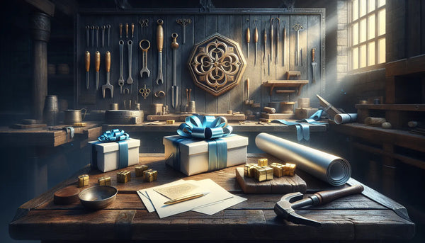 Elegante Geschenke mit blauem Band auf rustikalem Holzarbeitsplatz mit Werkstattwerkzeugen und Metall-Zunftzeichen, stimmungsvolles, warmes Bild im Steelmonks-Look.
