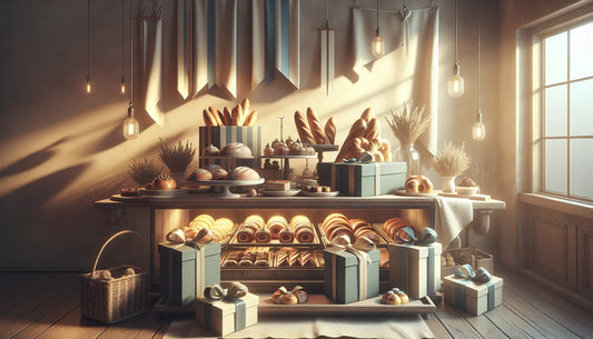 Ein einladender Bäckertresen mit kunstvoll arrangierten Broten und Gebäck, warm beleuchtet im Steelmonks Farbkonzept, symbolisiert Wertschätzung und Handwerkskunst.