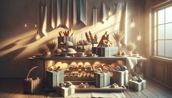 Ein einladender Bäckertresen mit kunstvoll arrangierten Broten und Gebäck, warm beleuchtet im Steelmonks Farbkonzept, symbolisiert Wertschätzung und Handwerkskunst.