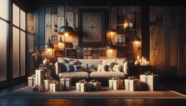 Gemütlicher Wohnraum mit rustikaler Holzwand, beleuchteten Metallakzenten und stilvoll verpackten Geschenkboxen in Persian Blue und Ghost White.