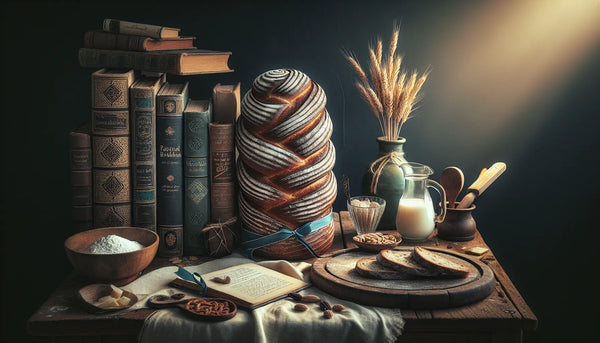 Frisches Brot auf rustikalem Holzbrett, umgeben von historischen und modernen Brotbackbüchern in warmem, einladendem Steelmonks-Ambiente