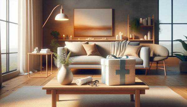 Gemütliches Wohnzimmer mit erstklassigem Erste-Hilfe-Set in Ghost White, blauem Band und warmem Licht, symbolisch für häusliche medizinische Versorgung.