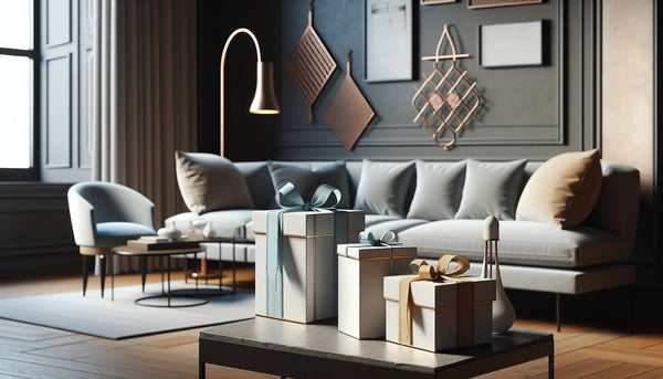 Gemütliches Wohnzimmer mit stilvollen Geschenken in blau-gelben Bändern auf Holzoberfläche und dekorativen schwarzen Metallschildern im Hintergrund.