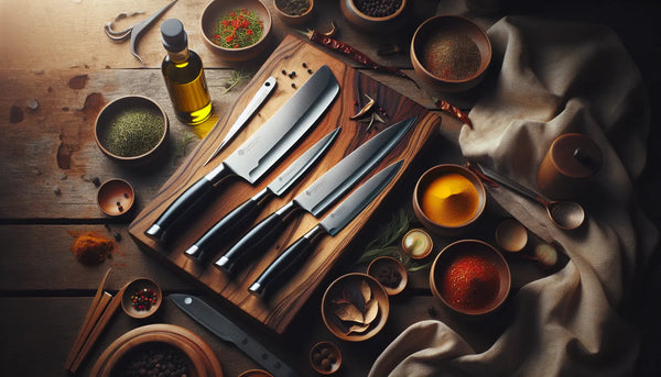 Elegante Chefmesser auf Holzbrett mit exotischen Gewürzen und Olivenöl in warmem, minimalistischen Steelmonks-Stil.