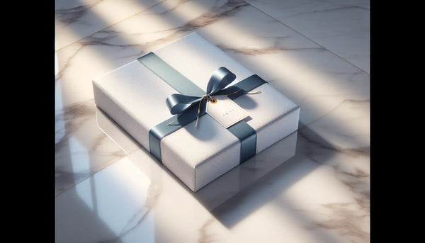 Elegante Geschenkbox mit persischem Blau auf makellosem Marmorboden, warme Atmosphäre, klare, hochwertige Optik im Steelmonks Look.