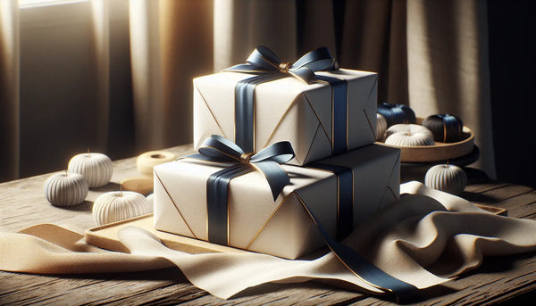 Elegante, schlanke Geschenkbox mit persischem Blauem Band, auf hellem Tisch in ruhiger, warmer Atmosphäre.