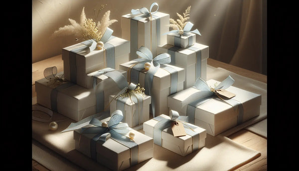 Schlanke, elegant verpackte Geschenkboxen mit blauen Bändern auf hellem Holztisch, warmes Licht, atmosphärisch und freundlich im Steelmonks-Stil.