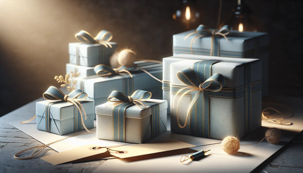 Hochwertige Geschenke mit persisch blauen Bändern auf Geisterweiß, warmes Licht, ruhige Atmosphäre, Symbol für Wertschätzung und Freundschaft.