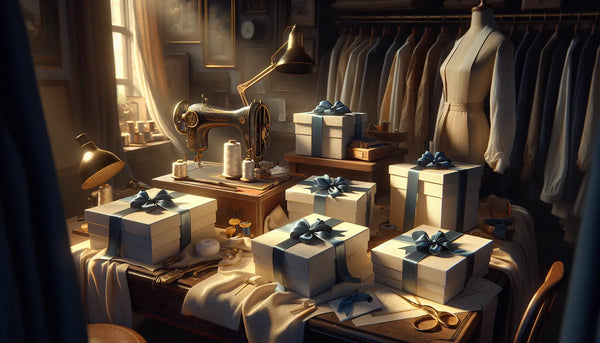 Handwerkliche Schneiderwerkstatt mit eleganten Geschenkboxen in Steelmonks Farben, Nähutensilien und Stoffmustern, warm und hochwertig inszeniert.