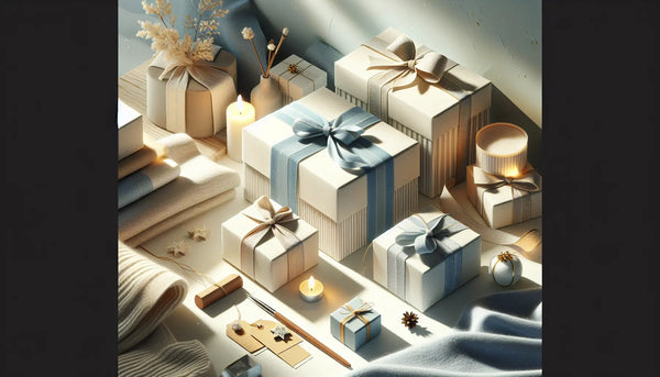Stimmungsvolles Bild eleganter, schlanker Geschenkboxen mit blauen Bändern, warmem Licht und natürlichem Hintergrund, Symbol für Wertschätzung und Freundschaft.