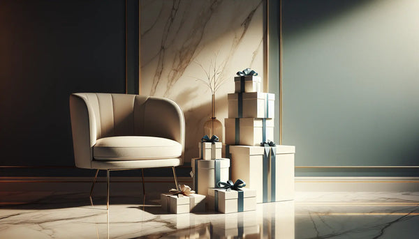 Stilvoller Innenraum mit Carrara-Marmorboden, elegant eingewickelte blaue Geschenke mit gelben Akzenten auf weißen Möbeln in warmem Licht.