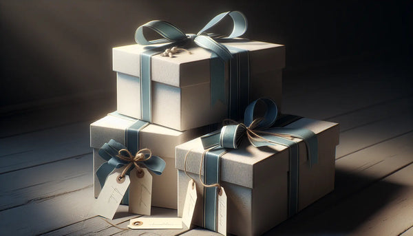 Elegante, schmale Geschenke mit blauen Bändern und warmen Akzenten auf Holzoberfläche, Stimmung von Wertschätzung und Freundschaft im Steelmonks-Stil.