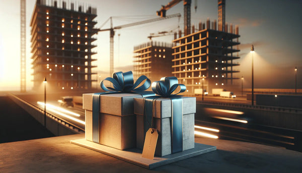Elegante Geschenke mit blauen Bändern auf ruhigem Holztisch vor verschwommener Baustelle in warmen Abendtönen.