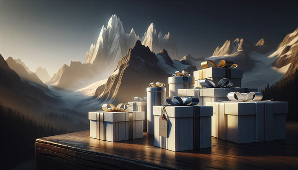 Majestätische Apuanische Alpen mit eleganten, hell verpackten Geschenken in Steelmonks-Farben auf Holzfläche, warmes, freundliches Ambiente.