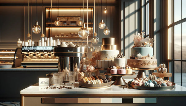 Elegante Konditoreitheke mit kunstvollen Torten, Pralinen, Macarons und Kaffeemaschine in warmem Steelmonks-Look, einladen und hochwertig inszeniert