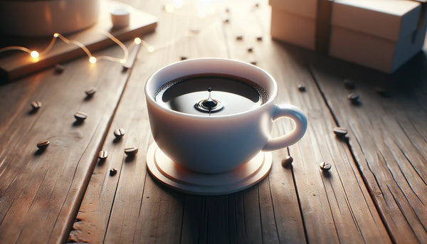 Elegante Tasse Instantkaffee auf rustikalem Holztisch, warm und freundlich, minimalistisch mit Steelmonks-Farben.