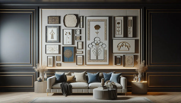 Elegante Wand mit Kunstwerken und Zierleisten in modischem Wohnraum, stimmungsvoll und minimalistisch im Steelmonks-Farbschema.