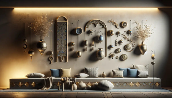 Elegante, lange Wand mit warmen, natürlichen Farben und dezenten, hochwertigen Dekorationen im Steelmonks Stil.