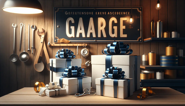 Elegante Werkstatt mit stilvollen, in Ghost White und Persian Blue verpackten Geschenken und einem warm beleuchteten Garagenschild, das handwerklichen Stolz zeigt.