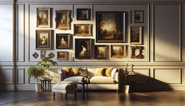 Stilvolle Wohnzimmerwand mit Vintage-Gemälden und eleganten Holzornamenten in warmem, freundlichem Licht im Steelmonks Farbschema.
