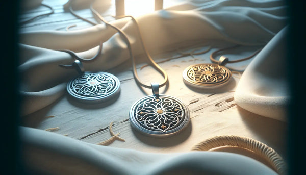 Fein gelaserte, individuell gestaltete Zunftanhänger in Steelmonks Farben auf ruhigem, warmem Hintergrund, die Tradition und modernes Design vereinen.