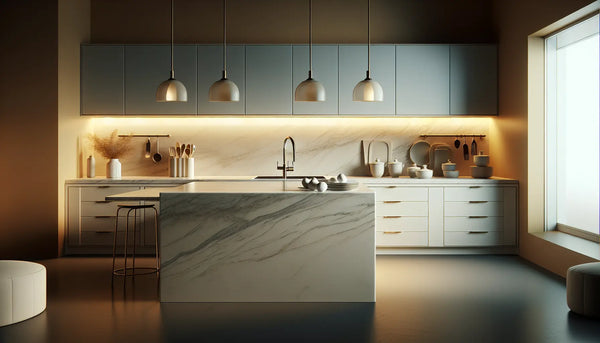 Moderne Küche mit eleganter Agglo Marmor-Arbeitsplatte, minimalistischer Einrichtung und warmem Licht im Steelmonks Farbschema.