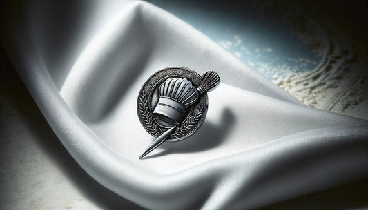 Eleganter Edelstahl-Zunft-Anstecker der Köche, fein graviert, auf Ghost White Hintergrund mit Steelmonks Farben, warm und vertrauensvoll beleuchtet.