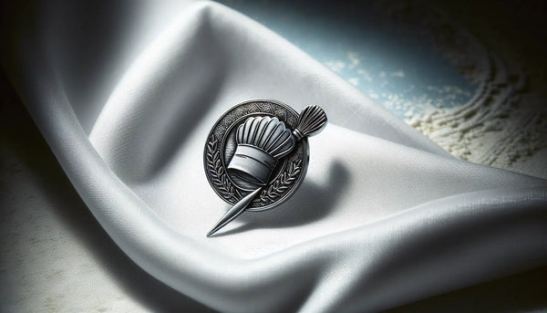 Eleganter Edelstahl-Zunft-Anstecker der Köche, fein graviert, auf Ghost White Hintergrund mit Steelmonks Farben, warm und vertrauensvoll beleuchtet.