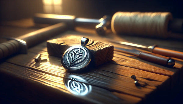 Eleganter Edelstahl Zunftanhänger mit eingraviertem Symbol auf robuster Holzarbeitsfläche, warm und realistisch beleuchtet im Steelmonks Stil.