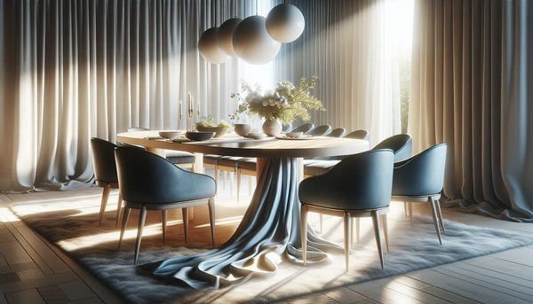 Eleganter Essbereich mit massivem Holztisch und modernen Stühlen, sonnenbeschienen in warmen Steelmonks-Farben.