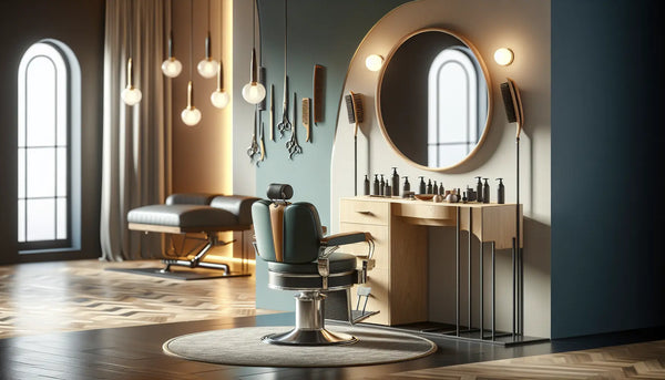 Eleganter, heller Friseursalon mit Friseurstuhl und sorgfältig arrangierten Friseurutensilien in Steelmonks-Farben.