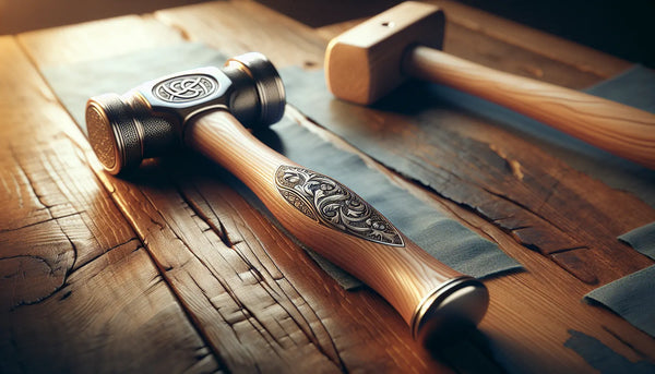 Nahaufnahme eines Hammergriffs mit graviertem Zunftzeichen auf einem alten Holztisch, warme Holztöne, metallischer Glanz, ruhige, freundliche Atmosphäre im Steelmonks-Farbschema