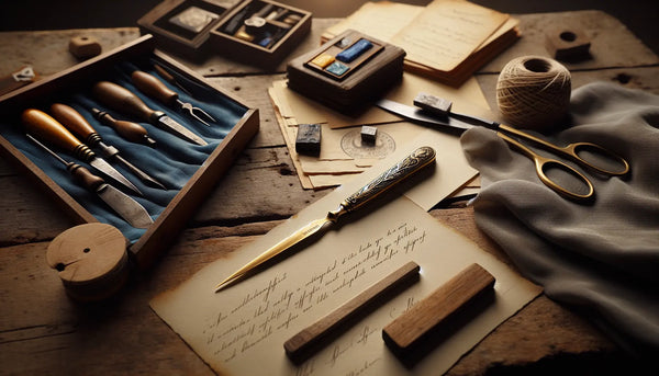 Nahaufnahme eines eleganten Messingbrieföffners mit Gravur auf einem robusten Holztisch, umgeben von traditionellen Werkzeugen und Notizbüchern, stimmungsvolle warme Beleuchtung, Steelmonks Farbpalette.