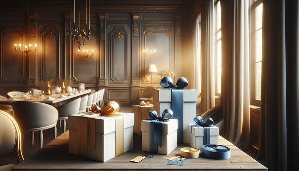 Eleganter Raum mit schlanken Geschenken in Ghost White und Persian Blue, warmes Licht, natürliche Materialien, harmonische Atmosphäre im Steelmonks Stil.
