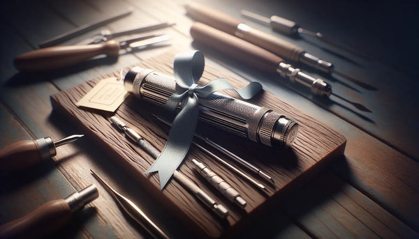 Eleganter Stahl-Zunft-Anstecker auf Holzarbeitstisch mit elektrischen Werkzeugen, Symbol für Tradition und moderne Handwerkskunst in warmem Licht.