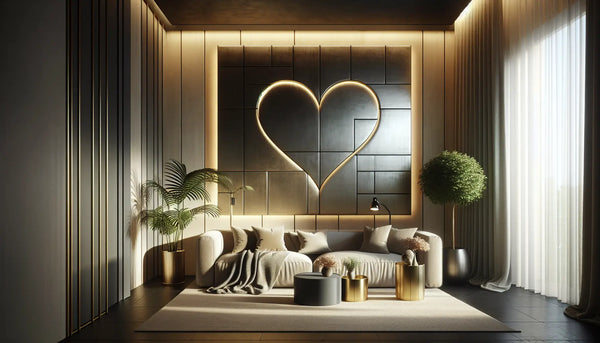 Eleganter Wohnraum mit metallischer Wanddekoration, warm beleuchtet, Steelmonks-Farben in Blau, Weiß, Gelb und Schwarz, gemütliche Atmosphäre.