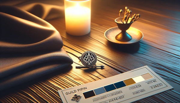 Fein gearbeiteter Zunft-Anstecker aus Metall mit dezentem Symbol auf elegantem Holztisch, stimmungsvolle Atmosphäre, Steelmonks Farben.