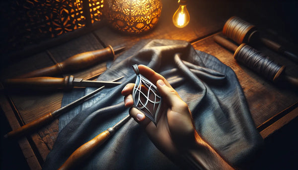 Eleganter metallener Zunftanhänger in der Hand eines Handwerkers, Symbol für Tradition und Stolz im Handwerk, warm und realistisch beleuchtet.
