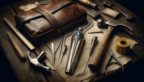 Eleganter Zunftanhänger aus Edelstahl auf altem Holztisch mit Ledersack und traditionellen Werkzeugen im warmen Steelmonks-Stil.