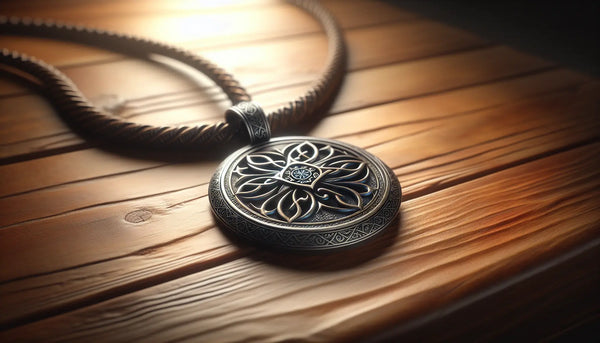Nahaufnahme eines filigranen Zunftanhängers aus Metall auf einem warmen Holztisch, stimmungsvoll beleuchtet mit weichem, warmem Licht im Steelmonks-Farbschema.