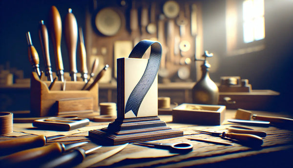 Eleganter handgravierter Zunftmarker in klassischem Handwerker-Arbeitsumfeld mit Steelmonks Farbakzenten.