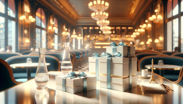 Elegantes Café-Interieur mit verpackten Geschenken in Persian Blue und warmem Licht, minimalistisch und hochwertig im Steelmonks Stil.